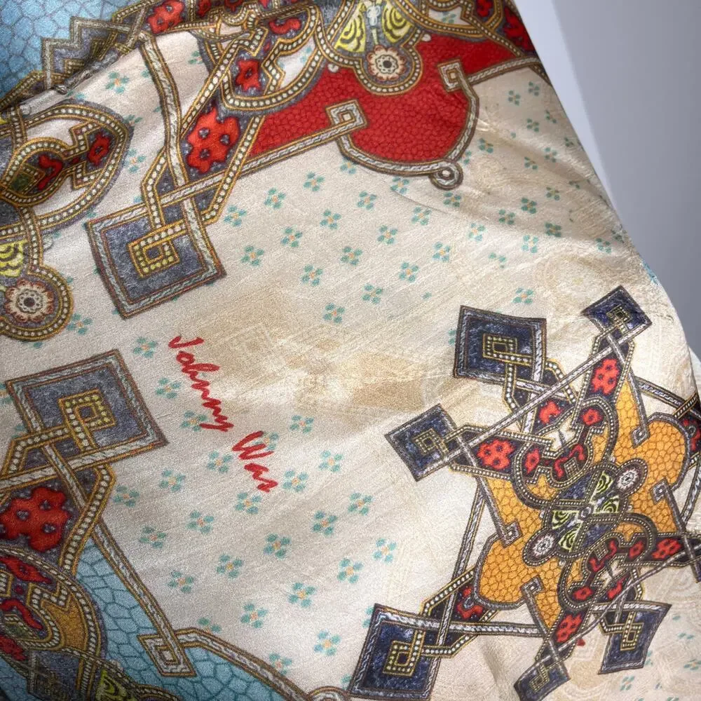 Johnny Was Silk Scarf Tassels Medallion Kaleidoscope Print Square 42x42 Blue
